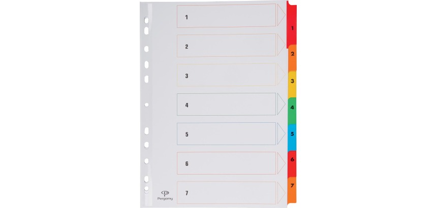 Pergamy intercalaires avec page de garde, ft A4, perforation 11 trous, couleurs assorties, set 1-7