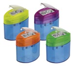 M+R Neo Light pencil sharpener, 2 holes, with reservoir, box with 10 pieces in assorted colors