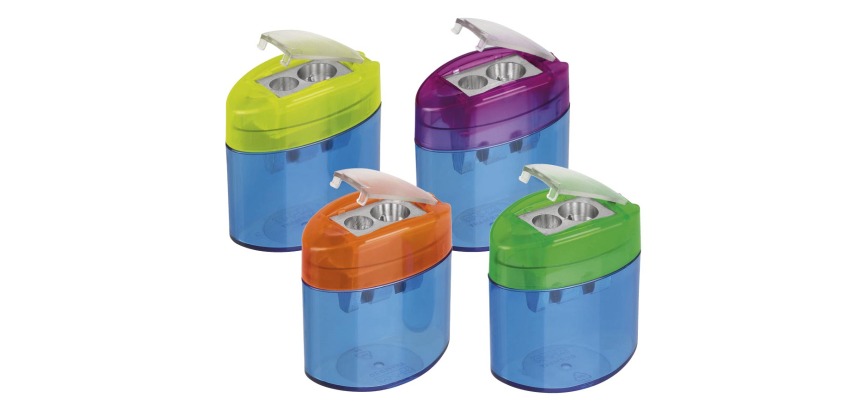 M+R Neo Light pencil sharpener, 2 holes, with reservoir, box with 10 pieces in assorted colors