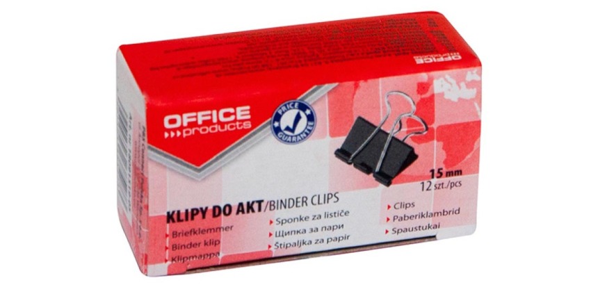 OFFICE products foldback clips, black, 15 mm, box of 12 pieces