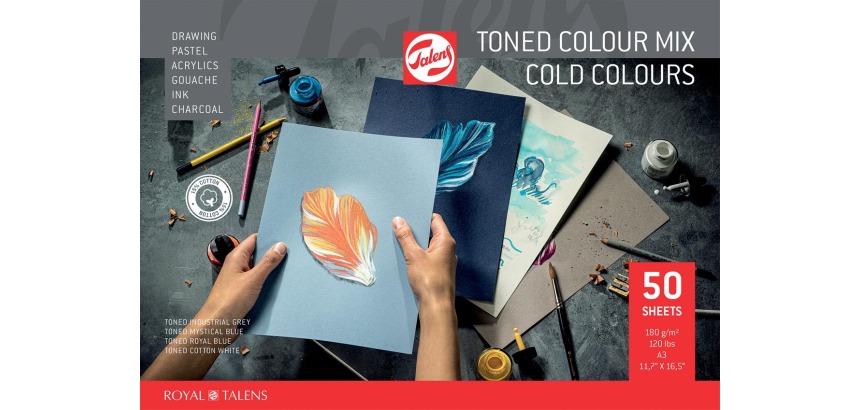 Talens gekleurd tekenpapier, 180 g, ft 29,7 x 42 cm, A3, geassorteerde koude kleuren, blok van 50 vel
