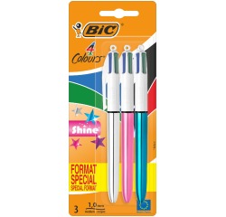 Bic 4 Colours Shine stylo bille 4 couleurs, medium, 4 couleurs d'encre classique, blister de 3 pièces