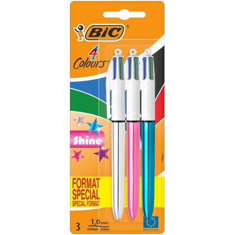 Bic Colours Shine 4-kleurenbalpen, medium, klassieke inktkleuren, blister van 3 stuks