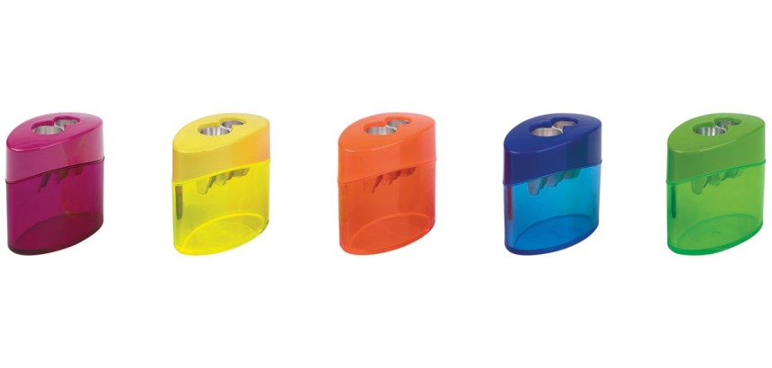 M+R Elliptic Swing sharpener, 2 holes, with container, box of 10 pieces, assorted colors