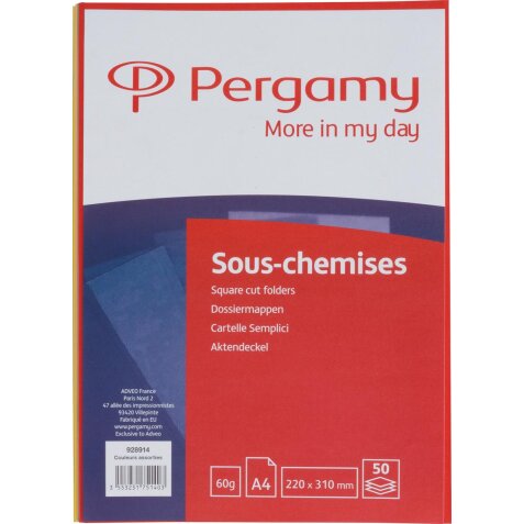 Pergamy sous-chemise, pour ft A4, paquet de 50 pièces en couleurs assorties