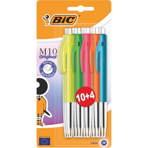 Bic stylo bille M10 Original Ultracolours, blister de 10 + 4 gratuits