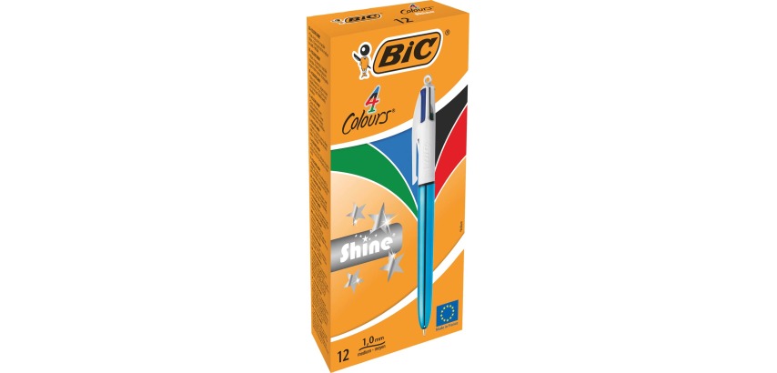 Bic 4 Colours Shine Kugelschreiber 4 Farben, mittel, 4 klassische Tintenfarben, metallic-blauer Schaft