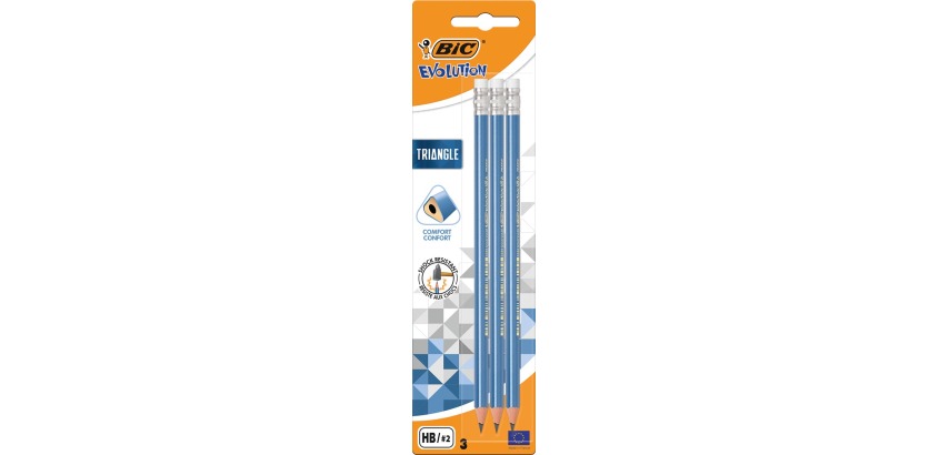 Bic Evolution Triangle pencil, with eraser, blister pack of 3 pieces