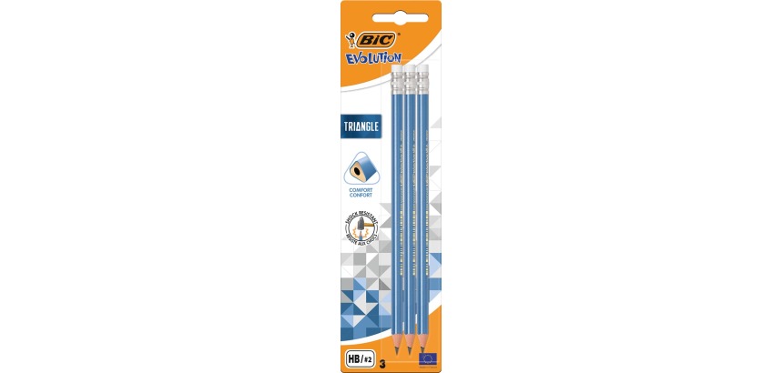 Bic Evolution Triangle Bleistift, mit Radiergummi, Blisterpackung mit 3 Stück