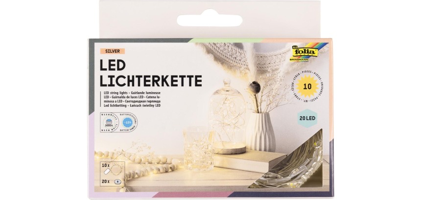 Folia lichtslinger LED, 20 LED's, 2,20 m, op batterijen, pak van 10 stuks