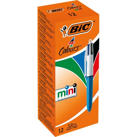 Bic 4 Colours Mini stylo bille 4 couleurs, moyen, 4 couleurs d'encre classique, corps bleu