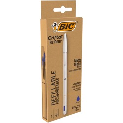 Bic stylo à bille Cristal Re-new, corps argent, encre bleu, boîte de 1 pièce et 2 recharges