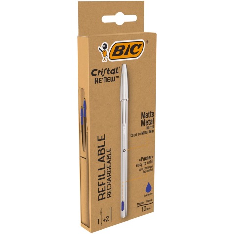 Bic stylo à bille Cristal Re-new, corps argent, encre bleu, boîte de 1 pièce et 2 recharges