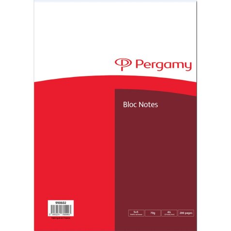 Pergamy bloc de papier à lettres, 70 g/m², ft A4, 2 pochettes, 100 feuilles,  quadrillé 5 mm