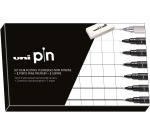 Uni Pin fineliner, pointe ronde, noir, boîte de 6 feutres + porte mines et gomme