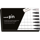Uni Pin fineliner, round tip, black, box of 6 pens + mechanical pencil and eraser