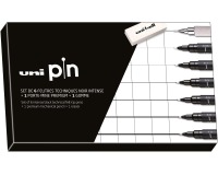 Uni Pin fineliner, pointe ronde, noir, boîte de 6 feutres + porte mines et gomme