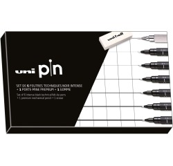 Uni Pin fineliner, pointe ronde, noir, boîte de 6 feutres + porte mines et gomme