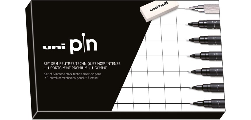 Uni Pin fineliner, pointe ronde, noir, boîte de 6 feutres + porte mines et gomme