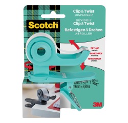 Scotch clip & twist plakbandafroller inclusief 1 rol Scotch Magic tape, appelblauwzeegroen