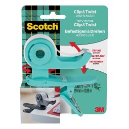 Scotch clip & twist plakbandafroller inclusief 1 rol Scotch Magic tape, appelblauwzeegroen