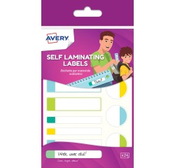 Avery Family étiquettes plastifiées, sachet brochable avec 24 étiquettes, formats et couleurs classiques
