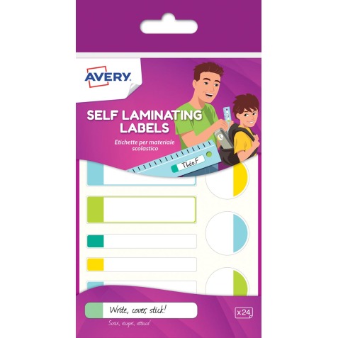 Avery Family étiquettes plastifiées, sachet brochable avec 24 étiquettes, formats et couleurs classiques