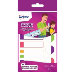 Avery Family étiquettes plastifiées, sachet brochable avec 24 étiquettes, formats et couleurs neon