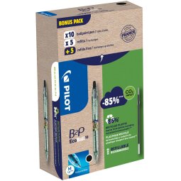 Pilot Ecoball B2P BeGreen stylo bille, pointe medium, 0,3 mm  10 pièces + 10 recharges, noir