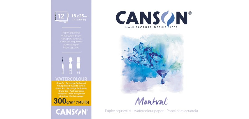 Montval watercolor paper, white with fine grain 300 g/m², size 18 x 25 cm, pad of 12 sheets