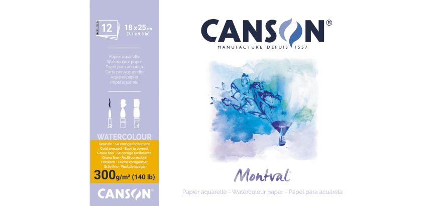 Montval papier aquarelle, blanc avec grain fin 300 g/m², ft 18 x 25 cm, bloc de 12 feuilles