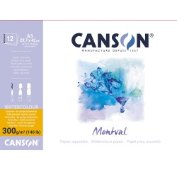 Montval aquarelpapier, wit met fijne korrel 300 g/m², ft A3, blok met 12 vellen
