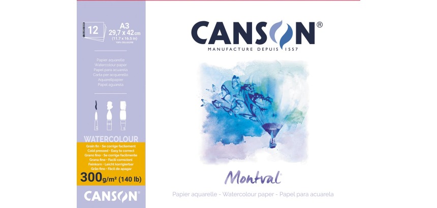 Montval aquarelpapier, wit met fijne korrel 300 g/m², ft A3, blok met 12 vellen