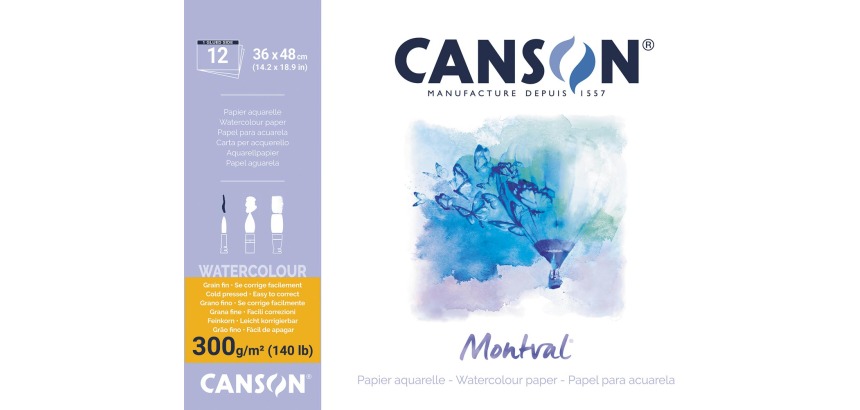 Montval papier aquarelle, blanc avec grain fin 300 g/m², ft 36 x 48 cm, bloc de 12 feuilles