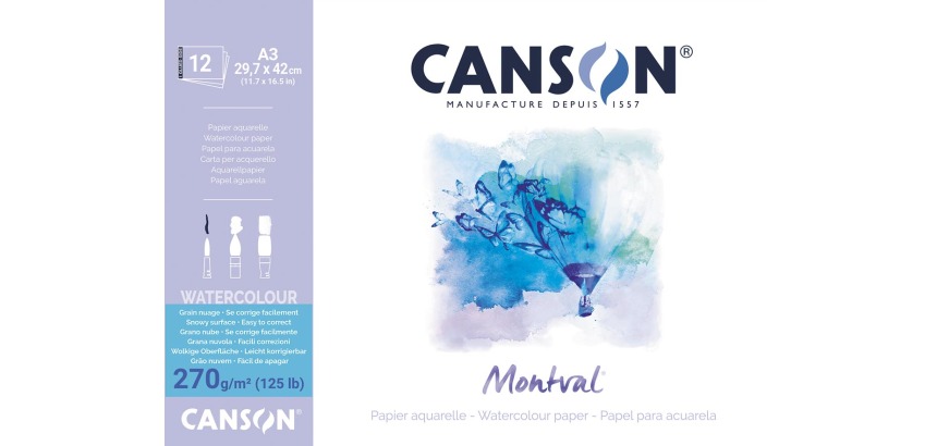 Montval watercolor paper, white with rough texture, 270 g/m², A3 sheet, pad of 12 sheets