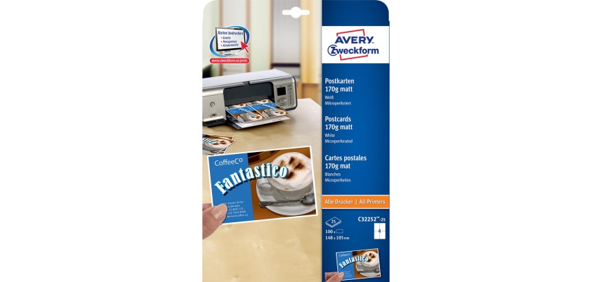 Avery briefkaart, 170 g/m², 4 per blad, 100 stuks