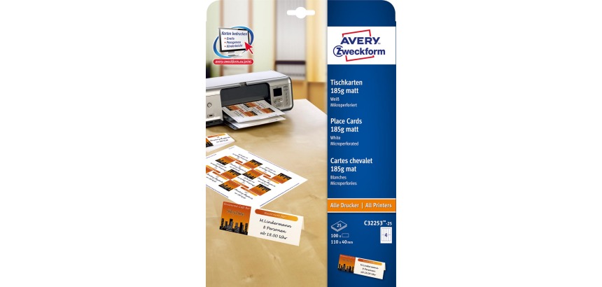 Avery bedruckbare Namenskarten, Schachtel mit 100 Stück (Format 110 x 40 mm)