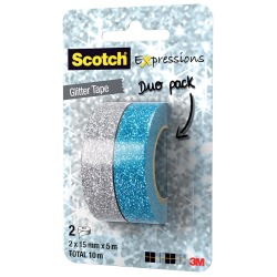 Scotch Expressions glitter tape, 15 mm x 5 m, blister met 2 stuks in geassorteerde kleuren