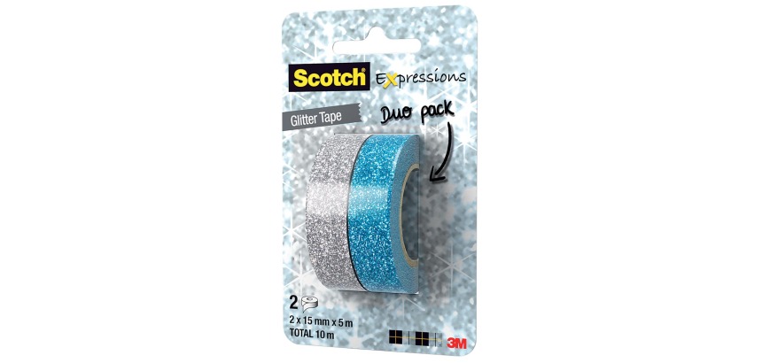 Scotch Expressions glitter tape, 15 mm x 5 m, blister pack of 2 pieces in assorted colors