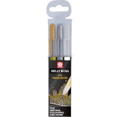 Stylo gel Sakura Gelly Roll The Favourites set 3 couleurs or-argent-blanc