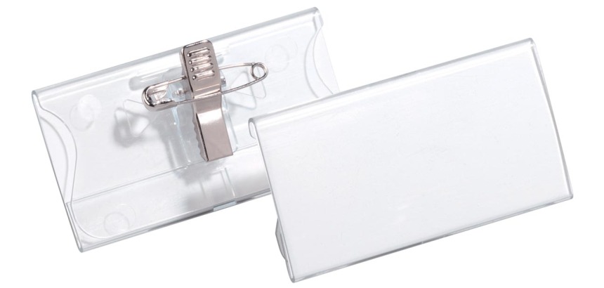 Durable acrylic badge with combi clip 40x75mm