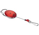Durable reel with red carabiner, blister-packed