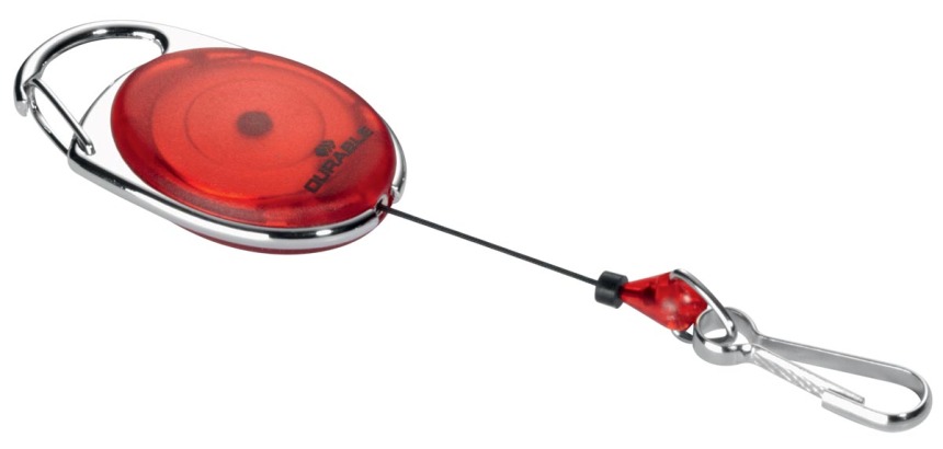 Durable reel with red carabiner, blister-packed