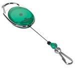 Durable reel with green carabiner, blister-packed