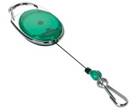 Durable reel with green carabiner, blister-packed