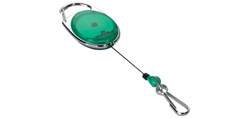 Durable reel with green carabiner, blister-packed