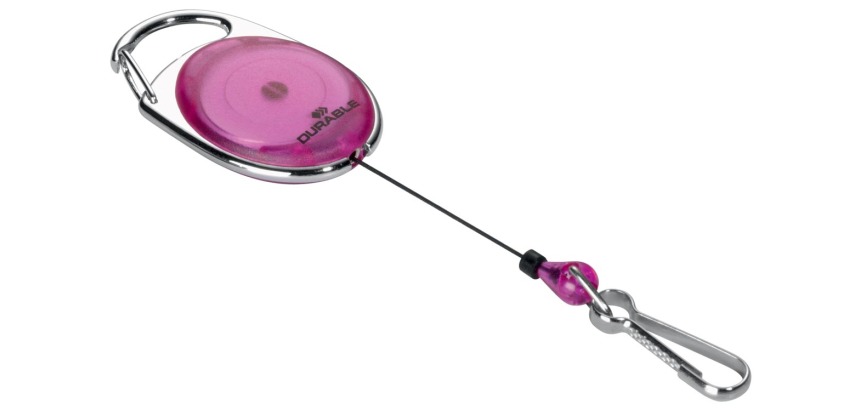 Langlebiger Aufroller mit violettem Karabiner, im Blisterpack.