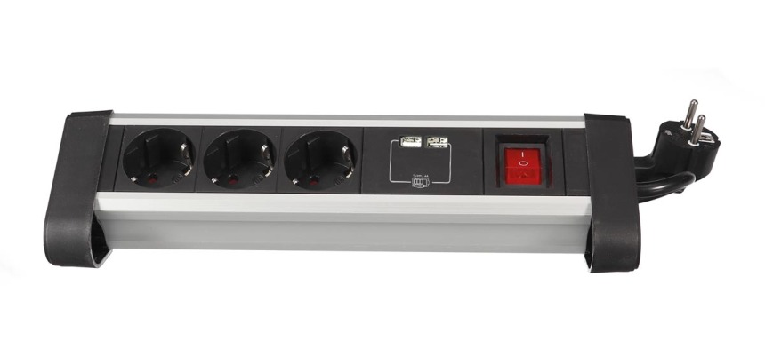 Perel desktop contactdoos met 3 stopcontacten, 2 USB-poorten en schakelaar, zwart, voor Nederland