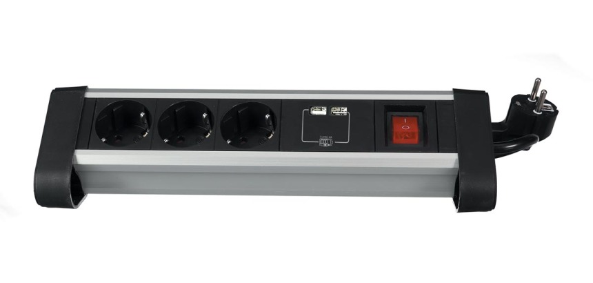 Perel office power strip with 3 outlets, 2 USB ports, and switch, black, for Belgium