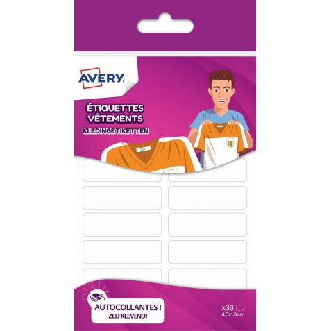 Avery Family étiquettes vêtements, ft 4,5 x 1,3 cm, blanc, sachet brochable avec 36 étiquettes